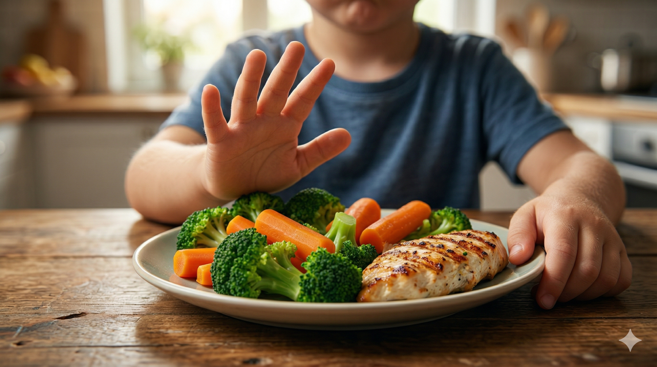 Zbliżenie na rączki dziecka wykonujące gest odmowy nad talerzem pełnym zdrowego jedzenia – grillowanego kurczaka, brokułów i marchewki. Obraz symbolizujący neofobię żywieniową i wybiórczość pokarmową u dzieci, osadzony w jasnym, domowym wnętrzu.