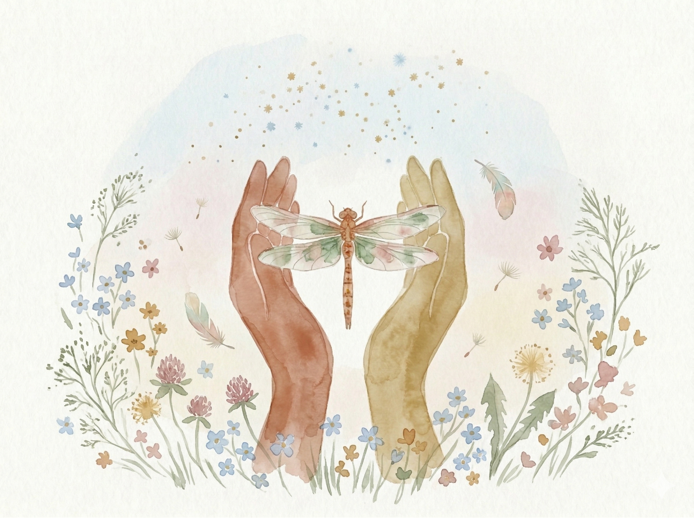 Akwarelowa ważka unosząca się znad otwartych dłoni na kwiecistej łące – symbol głębokiej transformacji i odzyskiwania wewnętrznej harmonii w procesie zdrowienia z bigoreksji – CTZO Poznań
