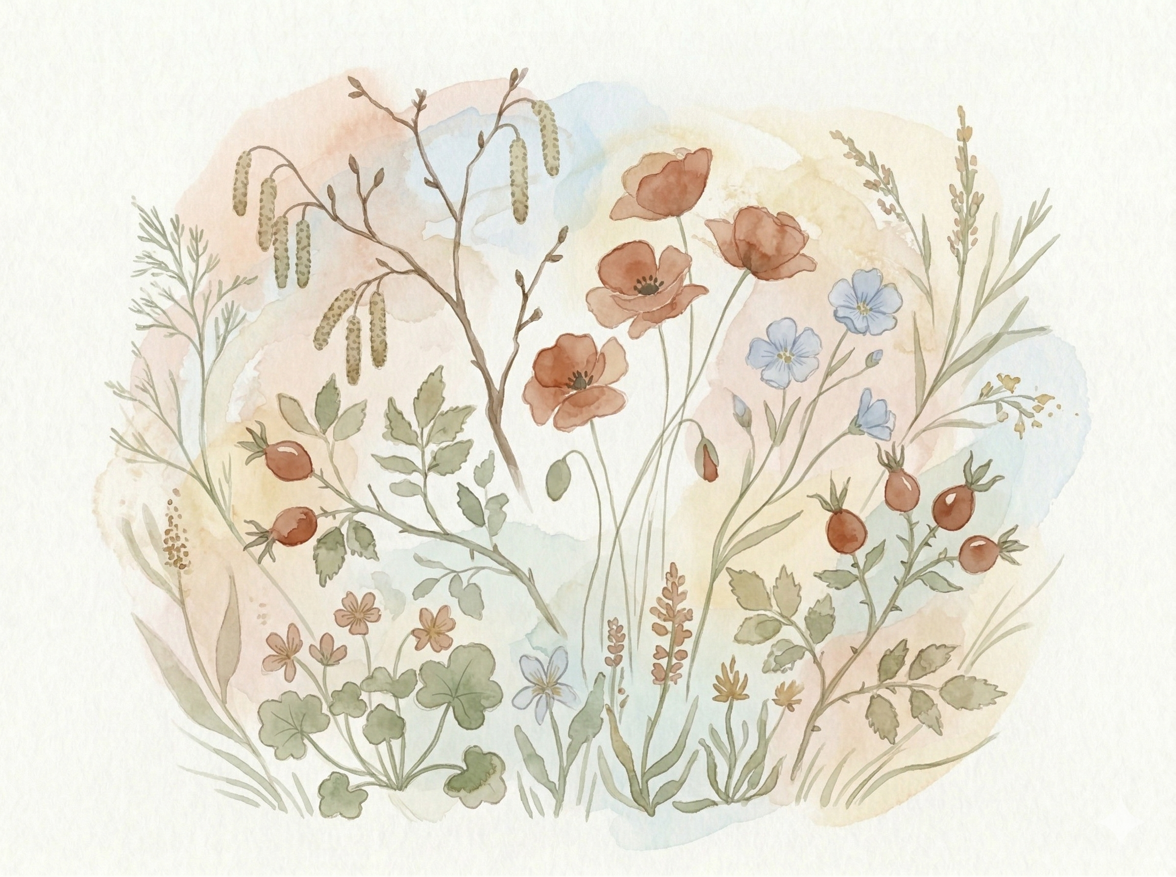 Akwarelowa kompozycja polnych kwiatów, maków i gałązek dzikiej róży na pastelowym tle – symbol naturalnego wzrostu, czerpania wewnętrznej siły i cierpliwości w procesie powrotu do zdrowia – CTZO Poznań