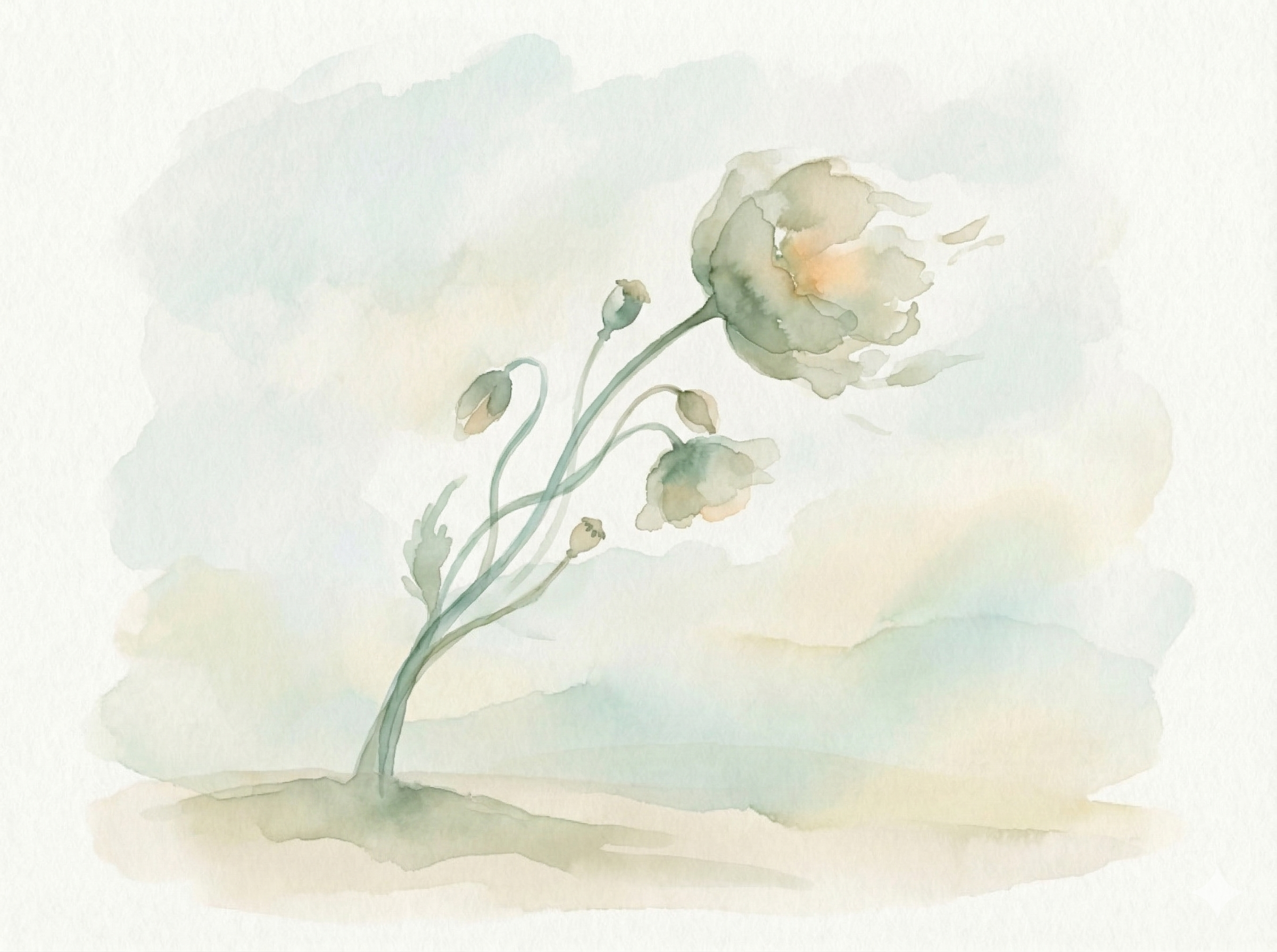 Akwarelowy obraz w pastelowych barwach przedstawiający delikatną roślinę z kwiatem i pąkami, wyginającą się pod wpływem wiatru, symbolizujący walkę z zaburzeniami odżywiania - CTZO Poznań