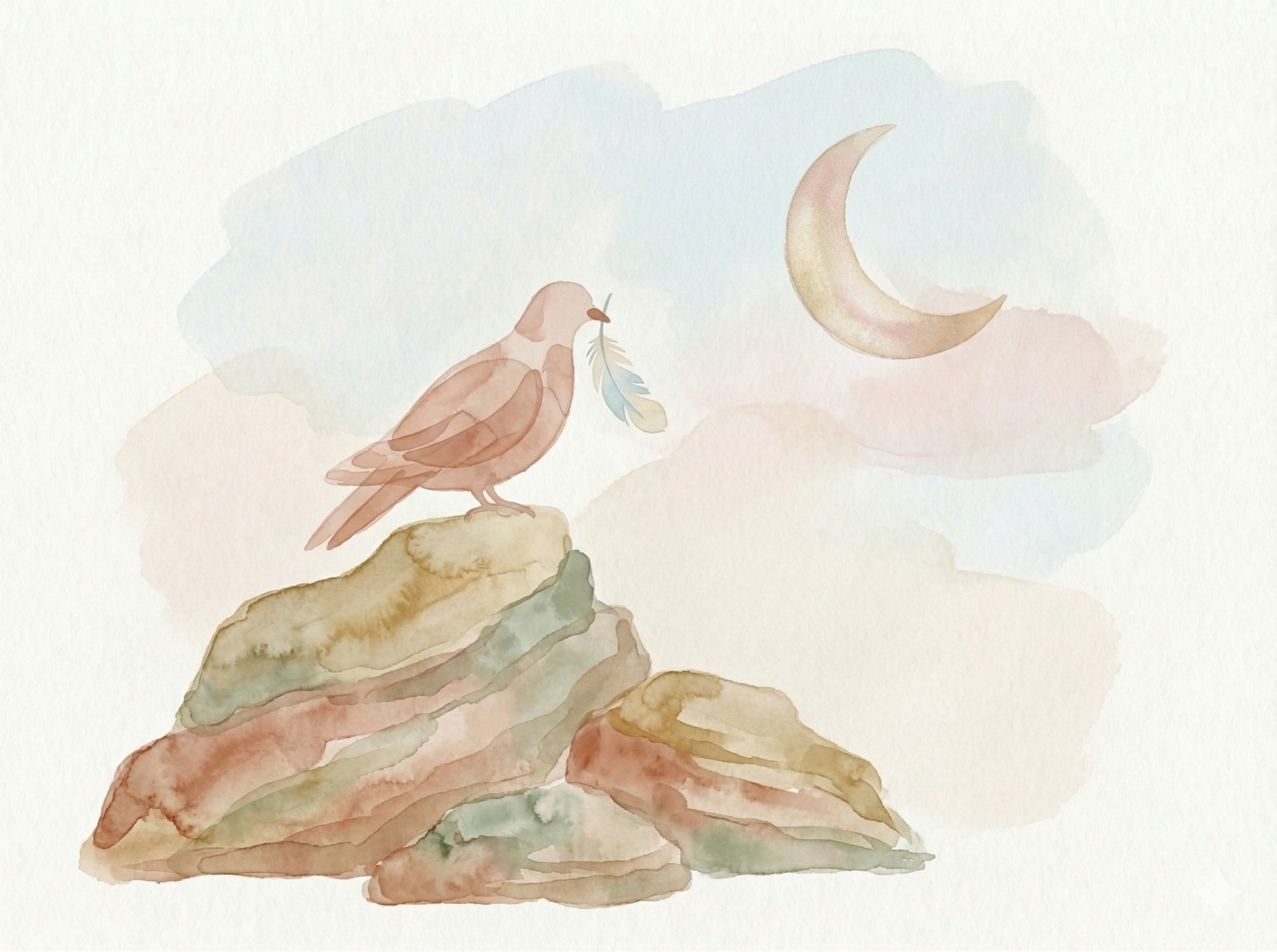 Akwarelowy gołąb na skalnym urwisku w świetle księżyca – symbol delikatnej nadziei i wolności w procesie uzdrawiania z nadwagi i otyłości - CTZO Poznań.