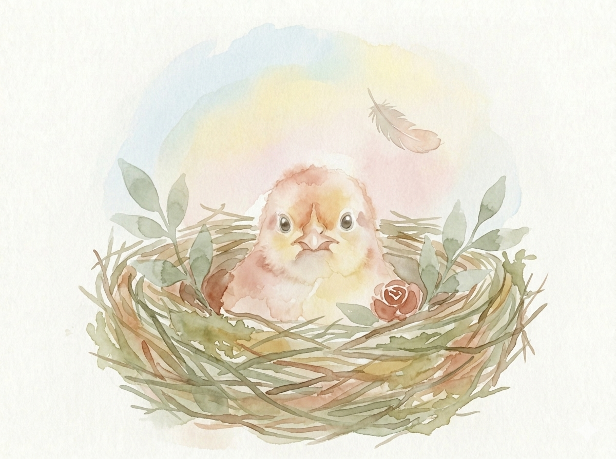 Akwarelowe pisklę ostrożnie wyglądające z gniazda, wokół którego opada delikatne piórko – symbol pierwszych, odważnych kroków, powolnego otwierania się na świat i poszukiwania bezpieczeństwa w procesie zdrowienia – CTZO Poznań