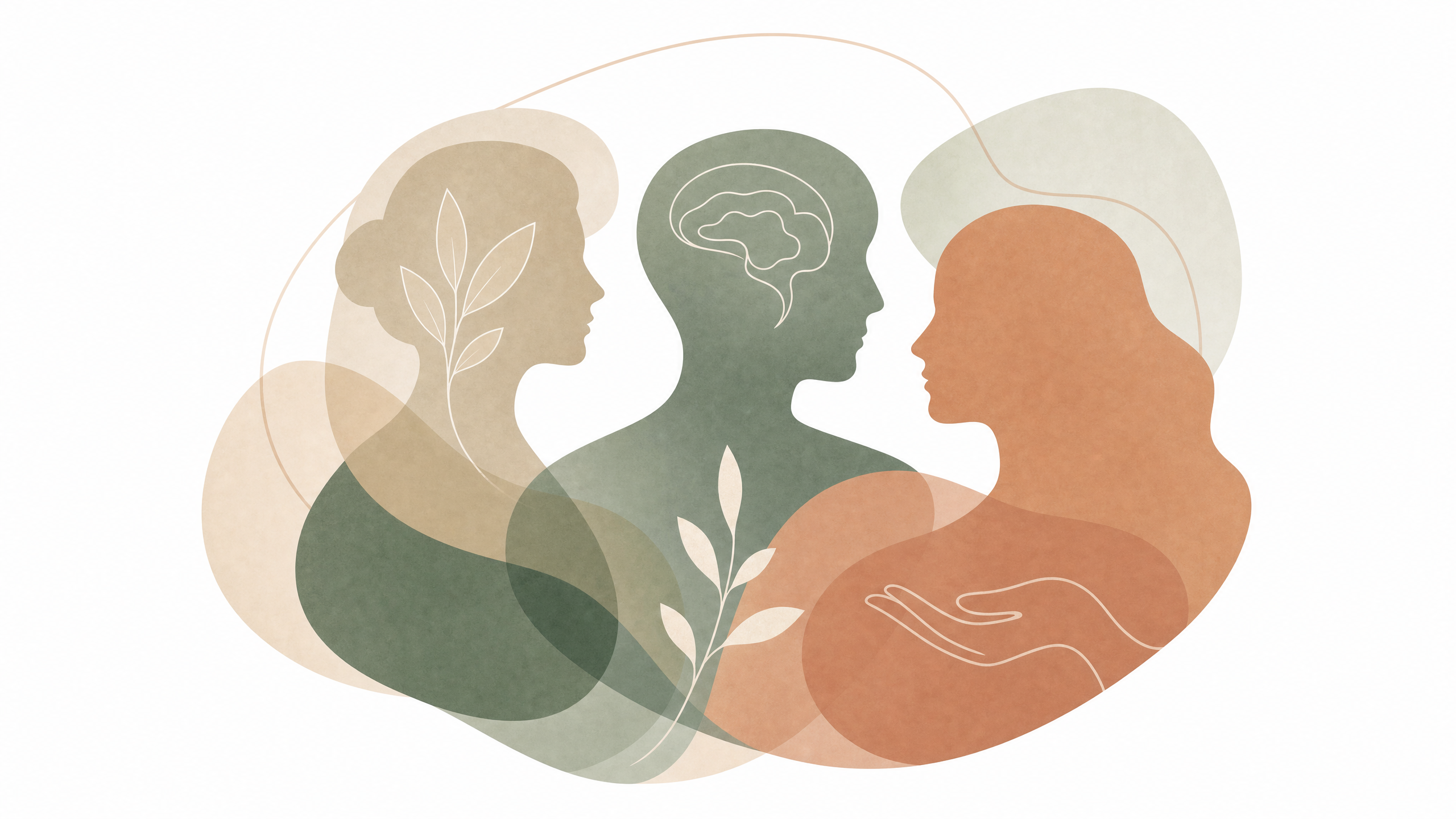 Abstrakcyjna ilustracja przedstawiająca współpracę trzech specjalistów: psychiatry, psychologa i terapeuty, pastelowe kolory, organiczne kształty.