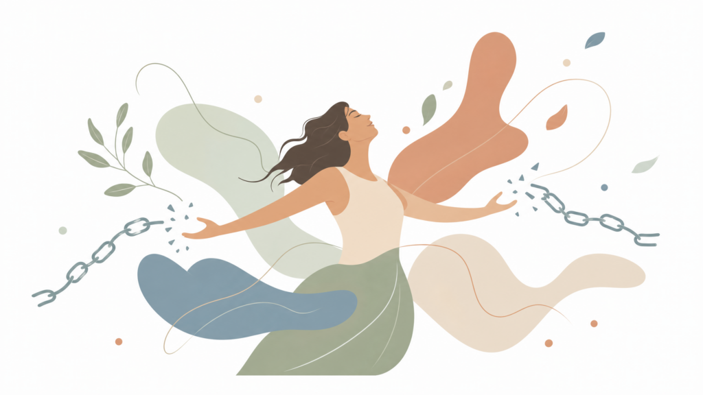 Abstrakcyjna ilustracja przedstawiająca wolność od wyrzutów sumienia i zdrową relację z jedzeniem, organiczne kształty, pastelowe barwy, białe tło.