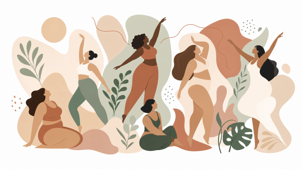 Abstrakcyjna ilustracja przedstawiająca różnorodne sylwetki ludzi w ruchu, organiczne kształty, pastelowe barwy, białe tło.