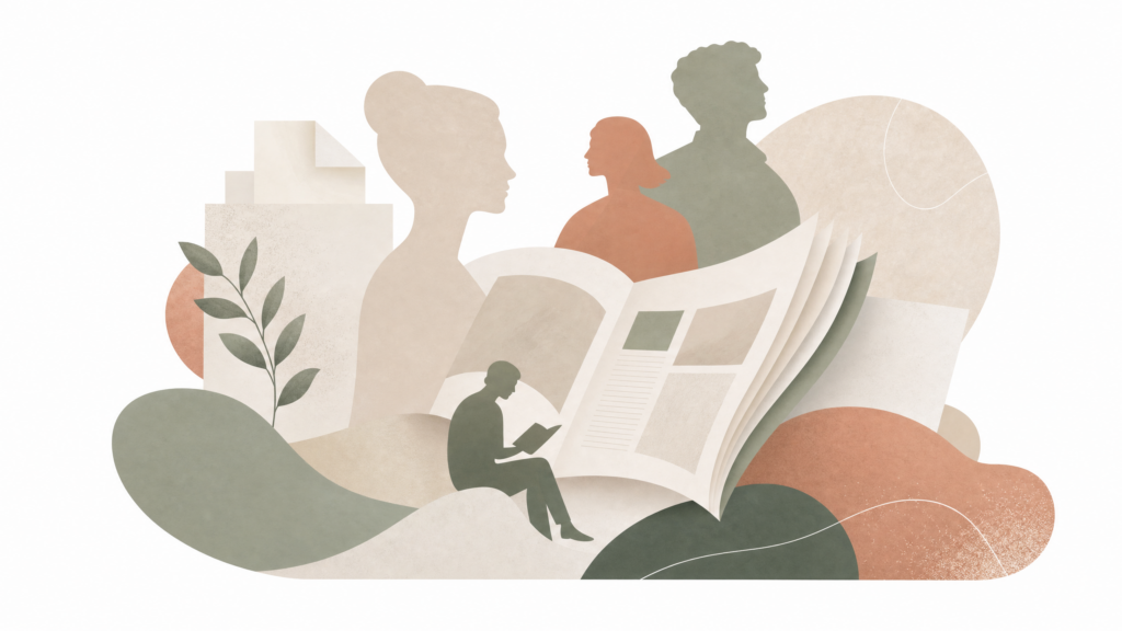 Abstrakcyjna ilustracja przedstawiająca czytelną gazetę i sylwetki osób, pastelowe barwy, białe tło.