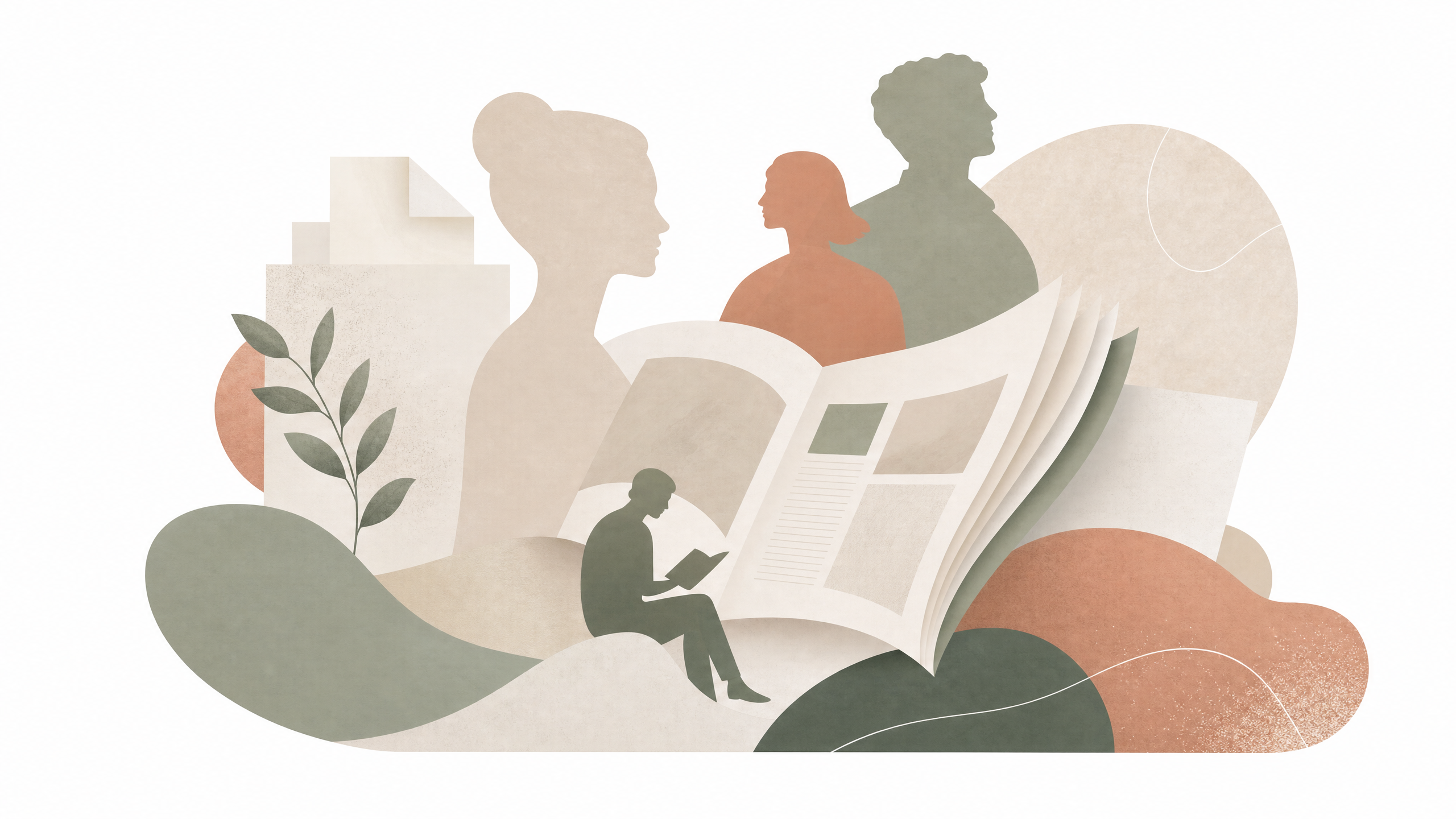 Abstrakcyjna ilustracja przedstawiająca czytelną gazetę i sylwetki osób, pastelowe barwy, białe tło.