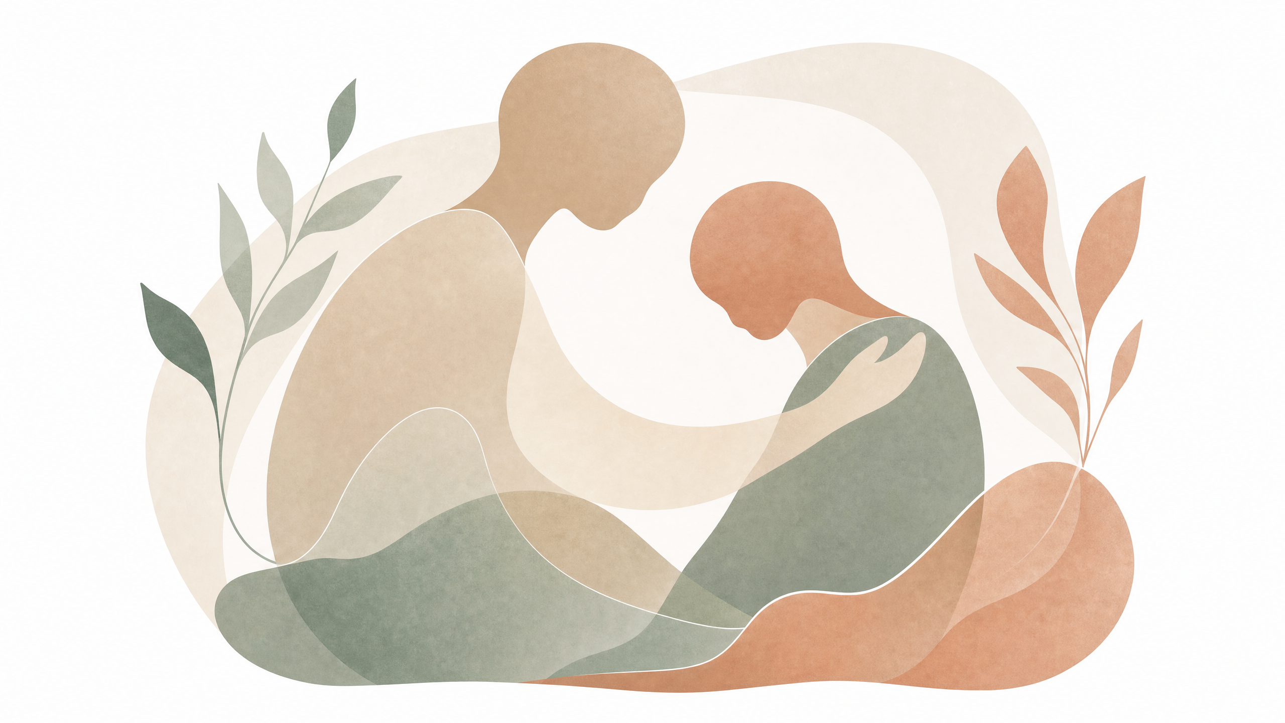 Abstrakcyjna ilustracja przedstawiająca dwie wspierające się sylwetki, delikatne kształty, pastelowe barwy, białe tło.