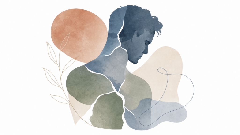 Abstrakcyjna ilustracja przedstawiająca siłę, wrażliwość i przełamywanie tabu w kontekście zaburzeń odżywiania u mężczyzn, organiczne kształty, pastelowe barwy, białe tło.