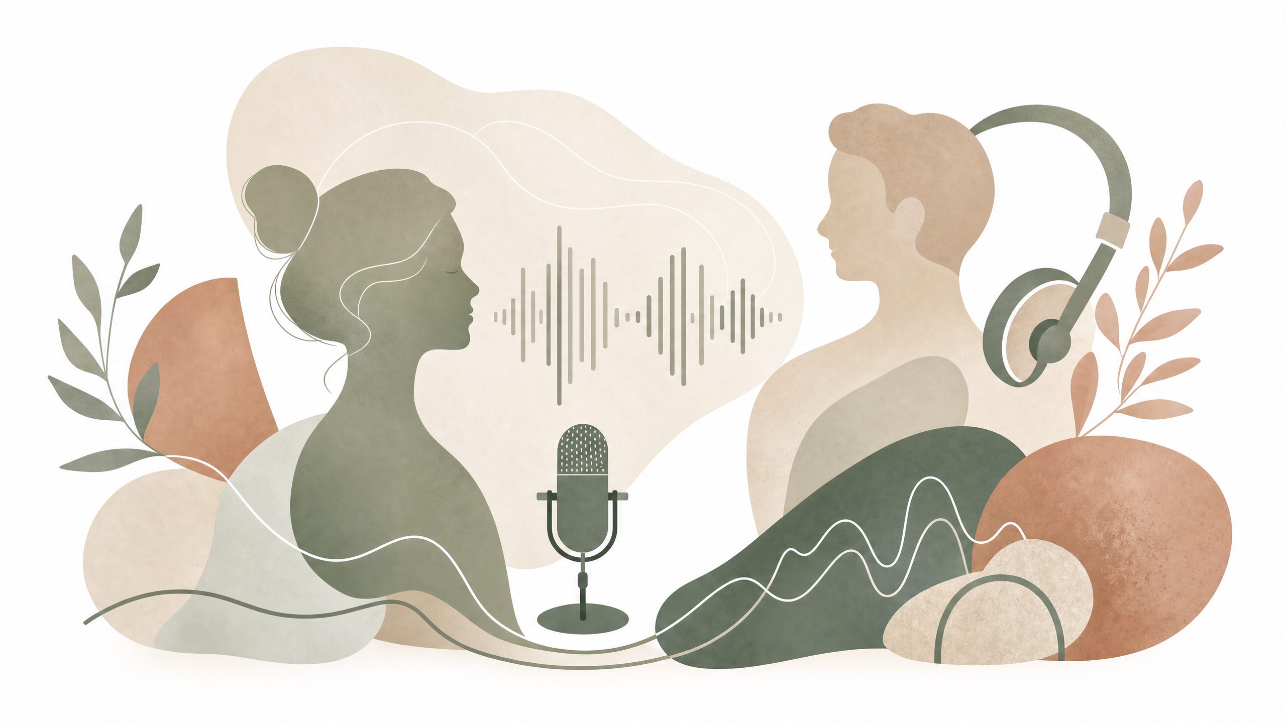 Abstrakcyjna ilustracja przedstawiająca motywy dźwięku i rozmowy, mikrofon, fale dźwiękowe, pastelowe barwy, białe tło.