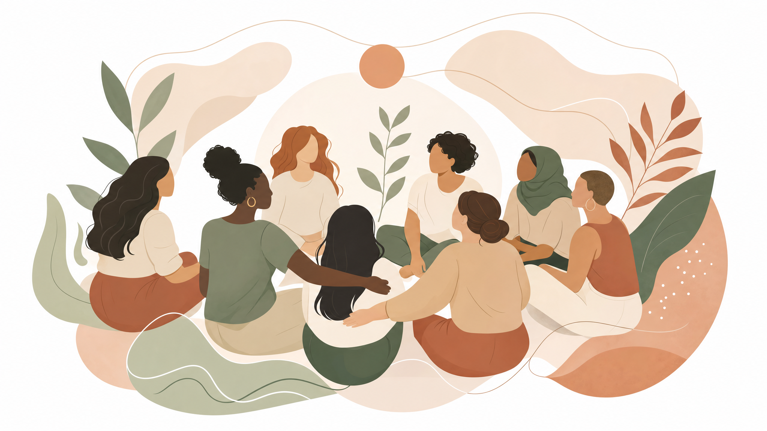 Abstrakcyjna ilustracja przedstawiająca grupę osób w kręgu, symbolizująca warsztaty budowania pozytywnego obrazu ciała, pastelowe kolory, organiczne kształty.