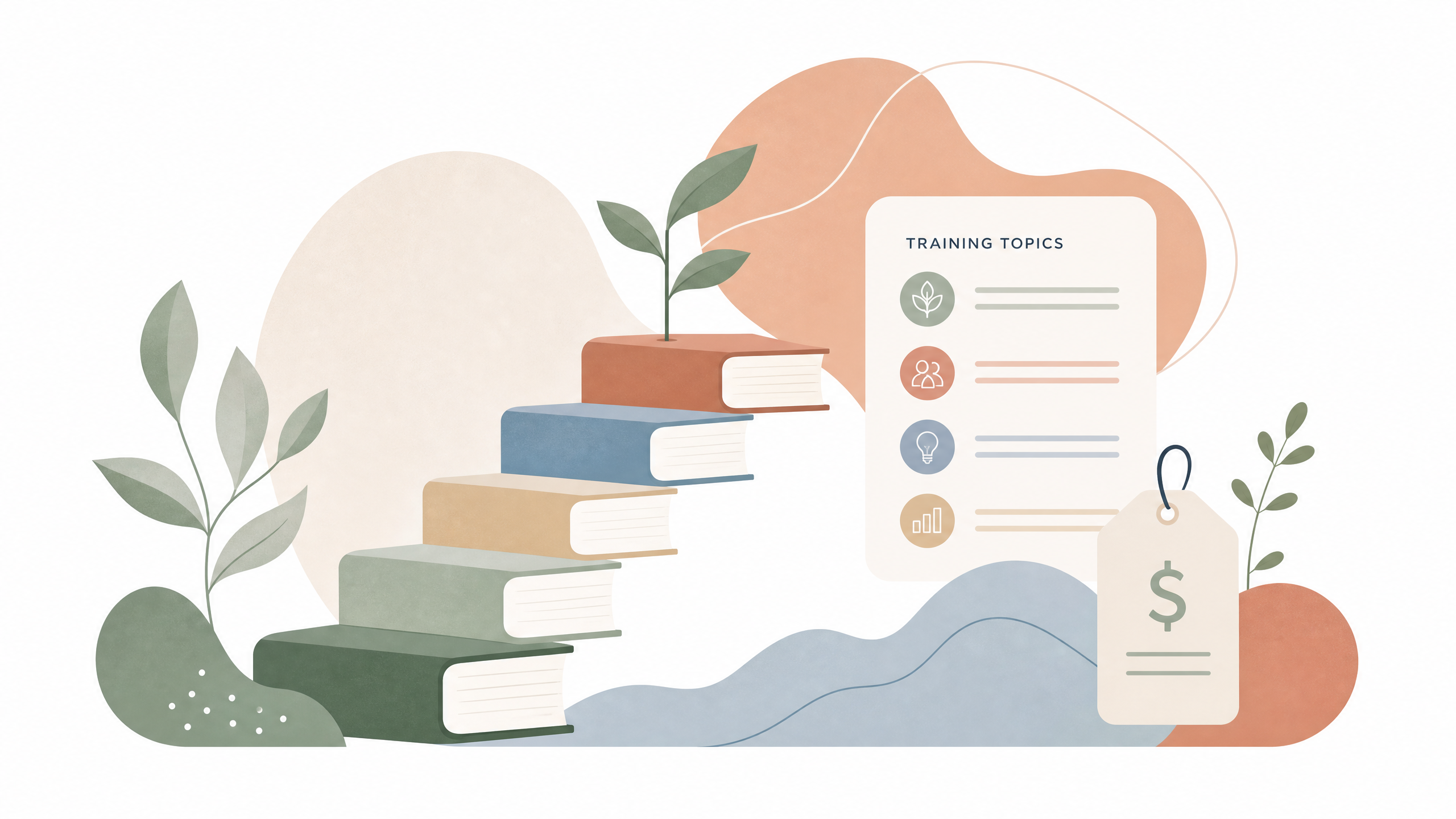 Abstrakcyjna ilustracja przedstawiająca rozwój, wiedzę i przejrzystość, z elementami książek i wykresów, organiczne kształty, pastelowe barwy, białe tło.