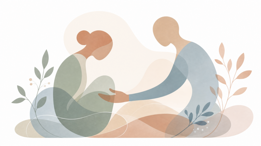 Abstrakcyjna ilustracja przedstawiająca wsparcie i empatię dla osób z anoreksją, organiczne kształty, pastelowe barwy, białe tło.
