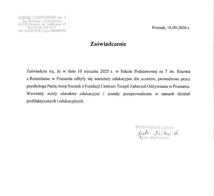 Zaświadczenie za warsztaty psychoedukacyjne o zaburzeniach odżywiania i obrazie ciała – Szkoła Podstawowa nr 7 w Poznaniu