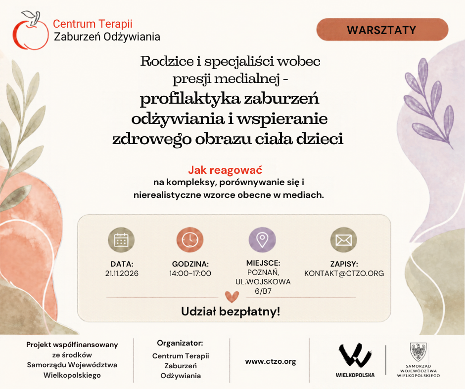 Grafika bezpłatnych warsztatów psychoedukacyjnych w Poznaniu dla rodziców i specjalistów: presja medialna, profilaktyka zaburzeń odżywiania i zdrowy obraz ciała dzieci.